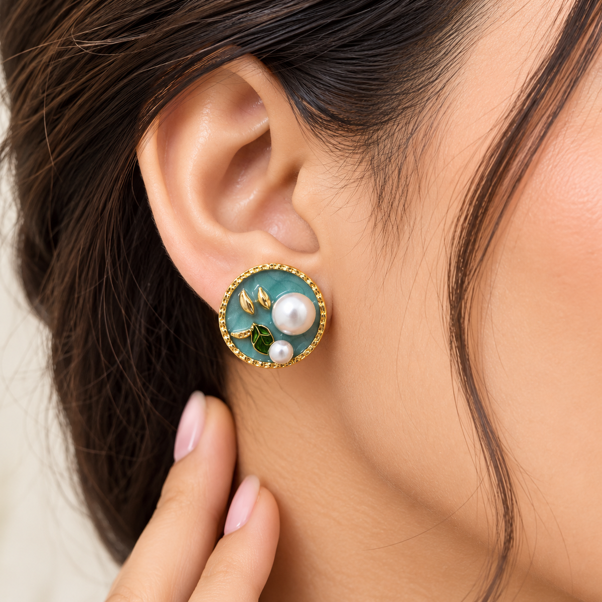 Aqua blue statement earrings with pearls and gold botanical detailing for women