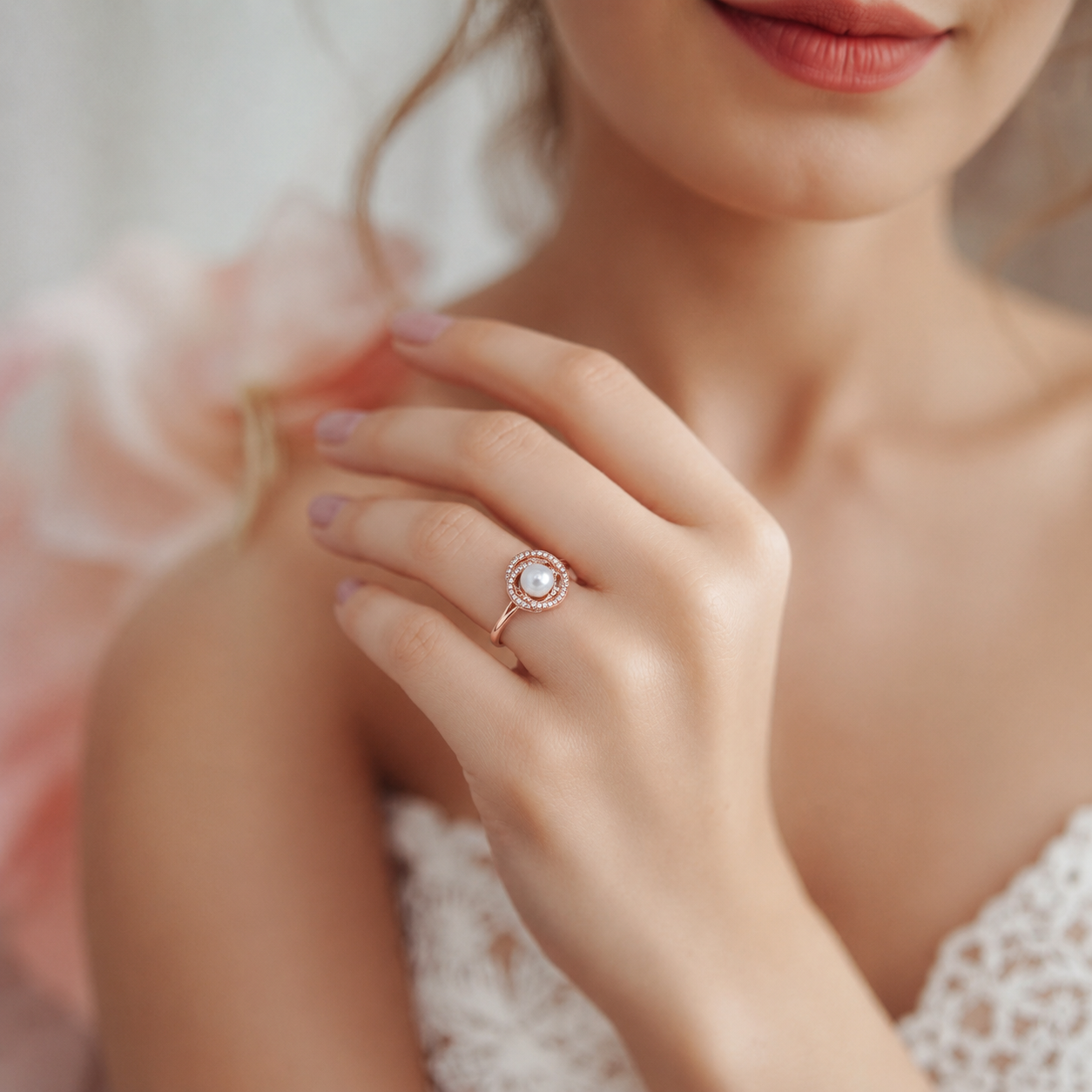 Rose Gold Pearl & Crystal Swirl