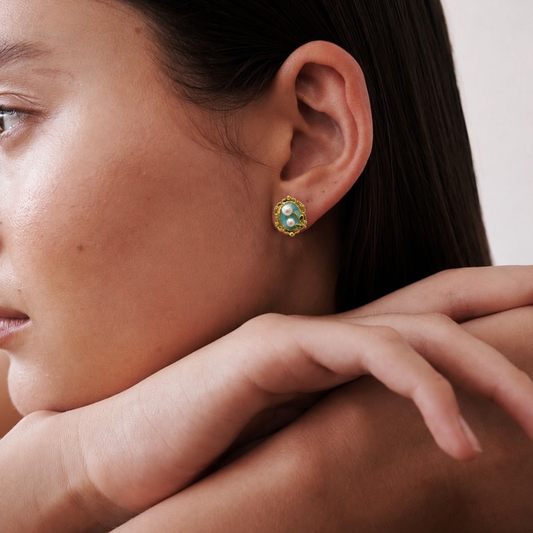 Emerald Enamel & Pearl Stud