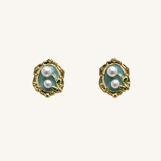 Emerald Enamel & Pearl Stud