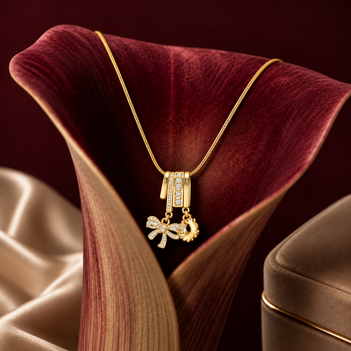 Golden Bow & Sun Charm Necklace with Crystal Pendant