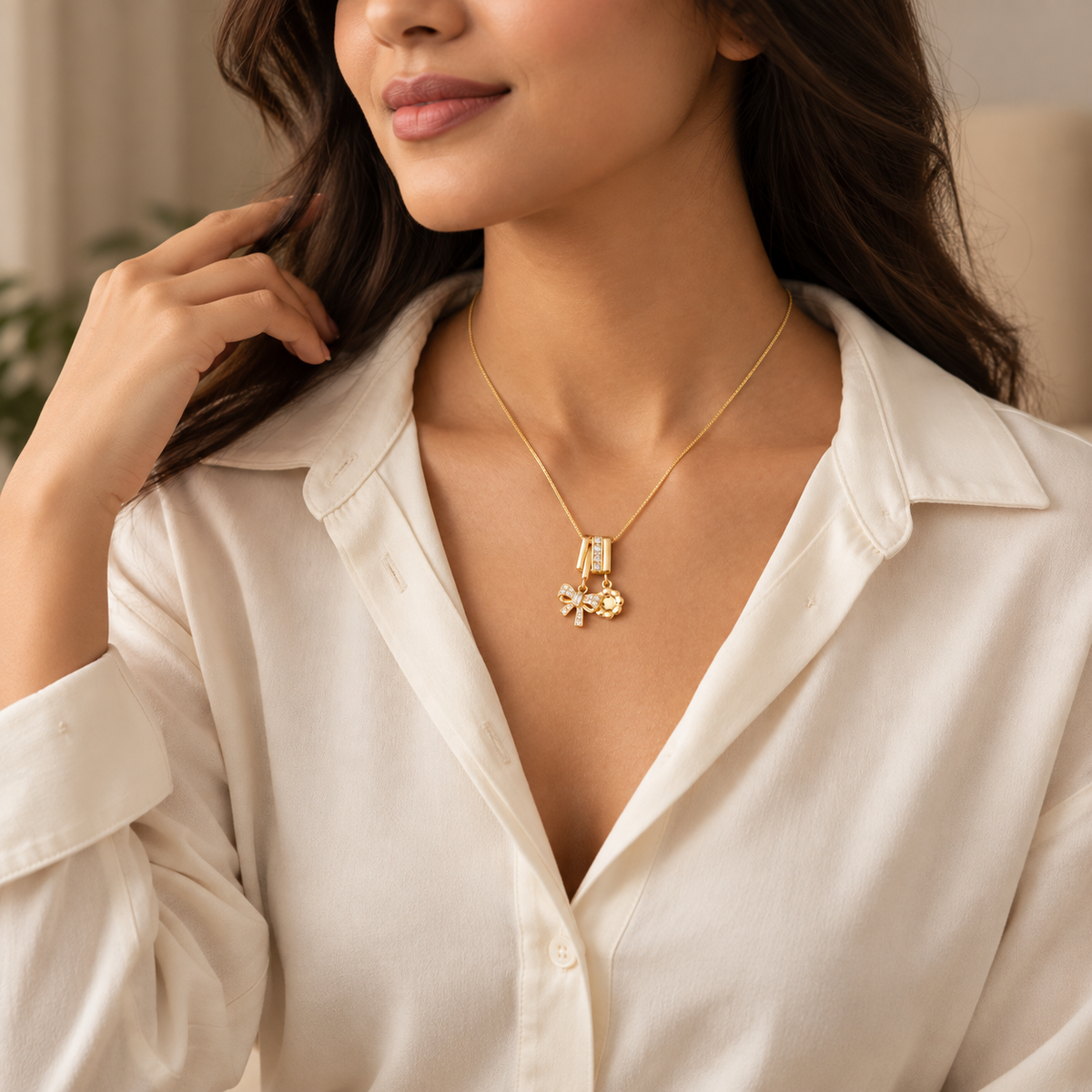 Golden Bow & Sun Charm Necklace with Crystal Pendant