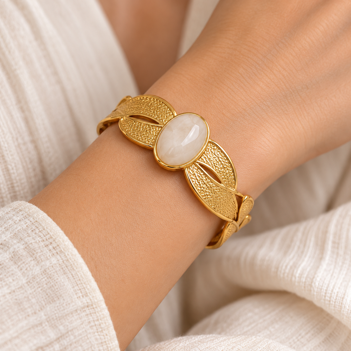 Elegant Oval Stone Textured Leaf Cuff Bracelet