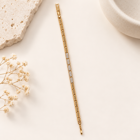 Gold crystal link bracelet styled with minimal props