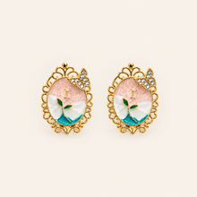 Floral enamel gold-tone stud earrings with pink, white, turquoise and green detailing for women