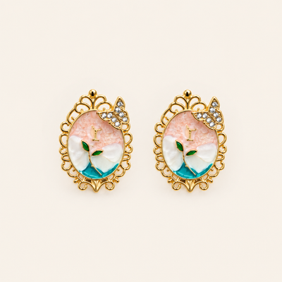Floral enamel gold-tone stud earrings with pink, white, turquoise and green detailing for women