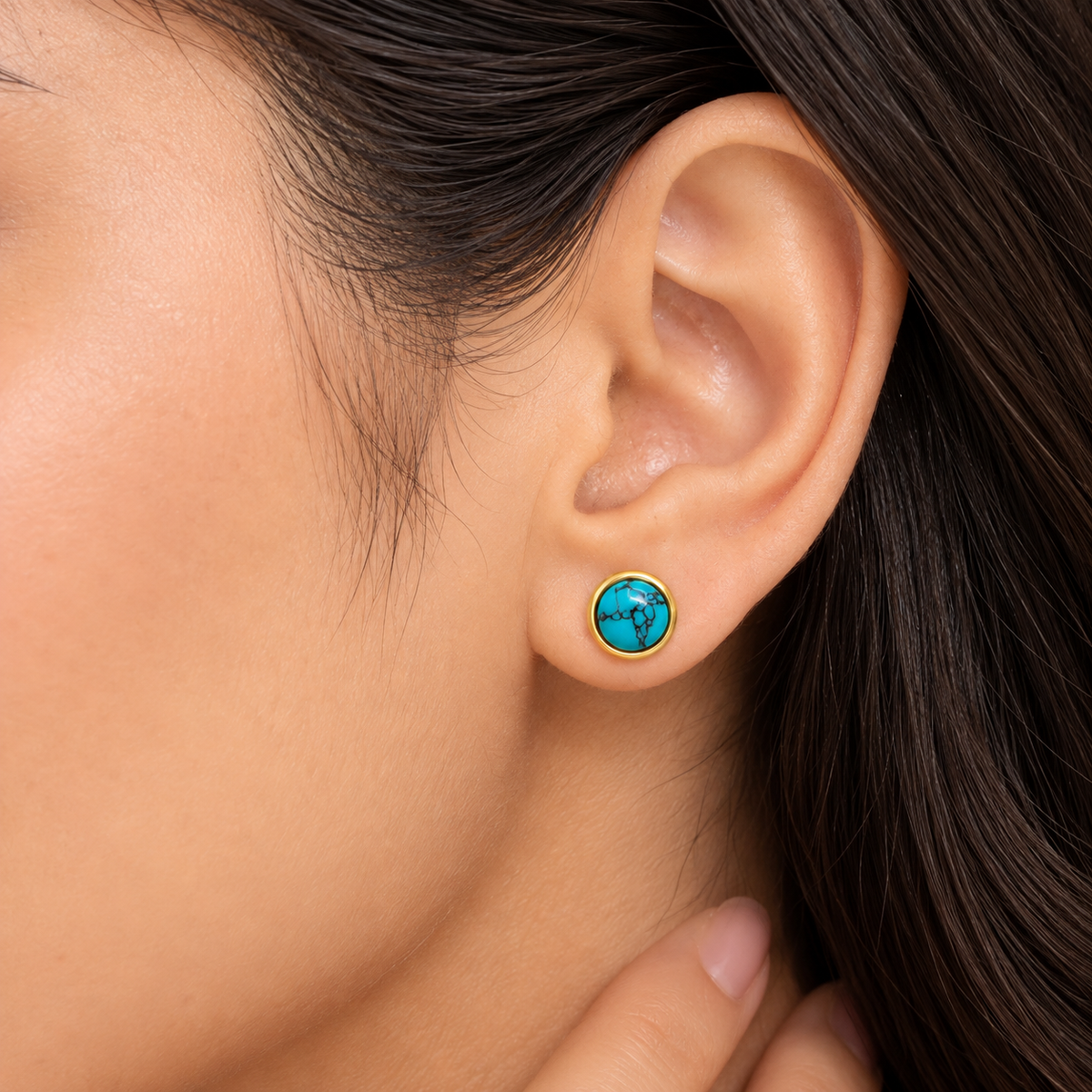 Turquoise Marble Gold-Tone Round Stud