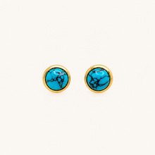 Turquoise blue marble round stud earrings with gold-tone border