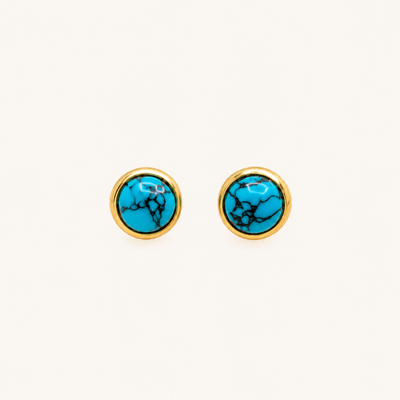 Turquoise blue marble round stud earrings with gold-tone border