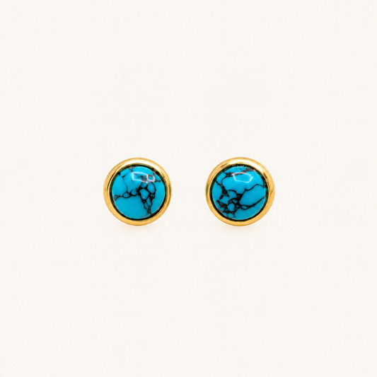 Turquoise blue marble round stud earrings with gold-tone border