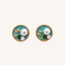 Aqua pearl botanical statement stud earrings for women with gold-tone detailing