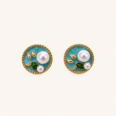 Aqua pearl botanical statement stud earrings for women with gold-tone detailing