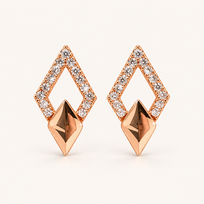 Rose gold geometric stud earrings with sparkling clear stones by ANOVRA.