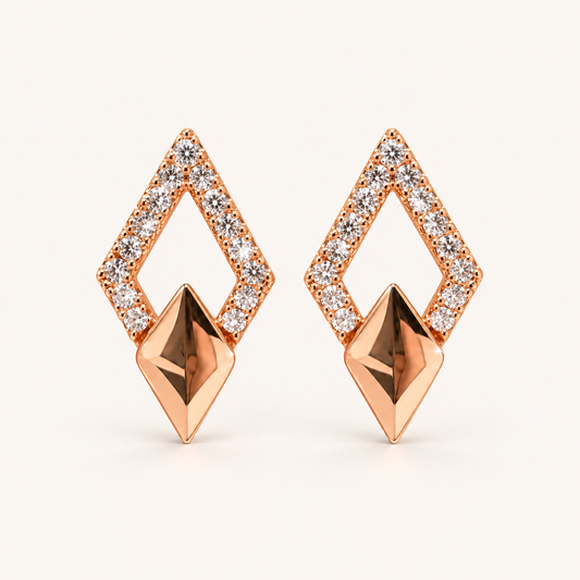 Rose gold geometric stud earrings with sparkling clear stones by ANOVRA.