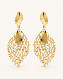 ANOVRA gold leaf drop earrings featuring intricate botanical openwork and polished golden detailing.
