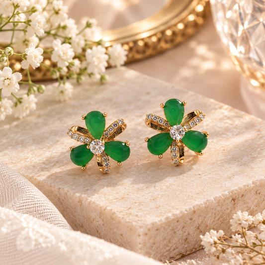 Green floral stud earrings in rose gold tone