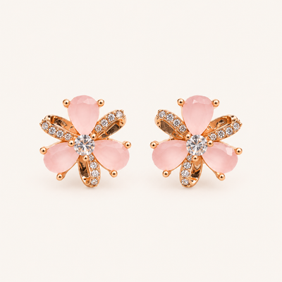 Pink floral stud earrings in rose gold tone