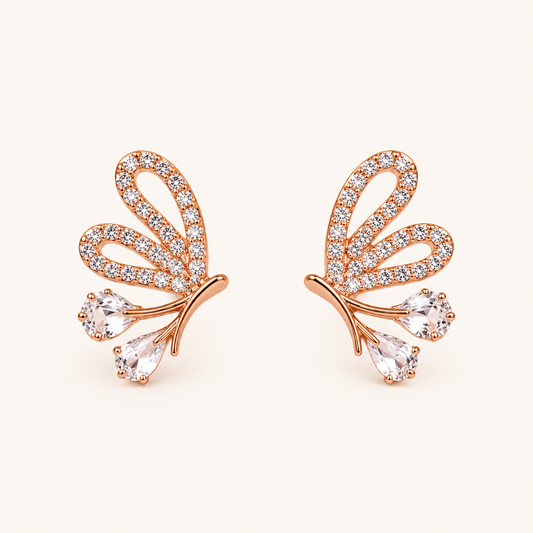 Crystal leaf stud earrings in rose gold tone
