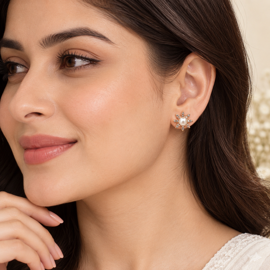 Floral earrings with pearl-style centre and crystals