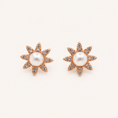 Pearl flower stud earrings in rose gold tone