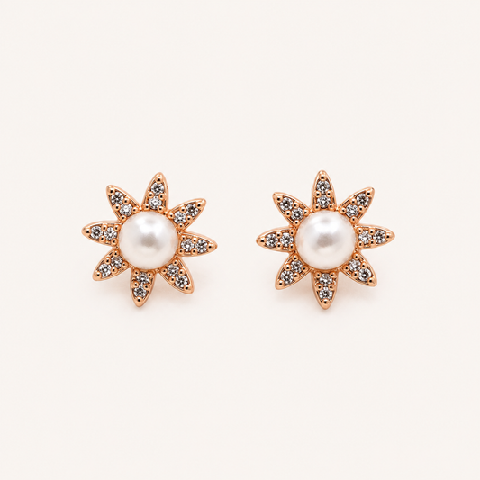 Pearl flower stud earrings in rose gold tone