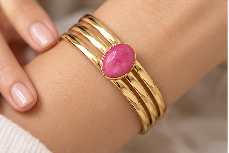 Pink Teardrop Triple-Band Cuff Bracelet