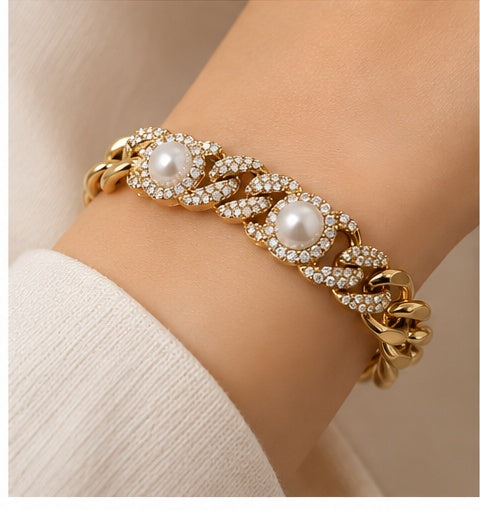 Pearl & Crystal Gold Chain Bracelet for Women