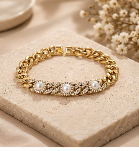 Gold pearl and crystal chain bracelet styled with minimal neutral props - Anovra CB-039